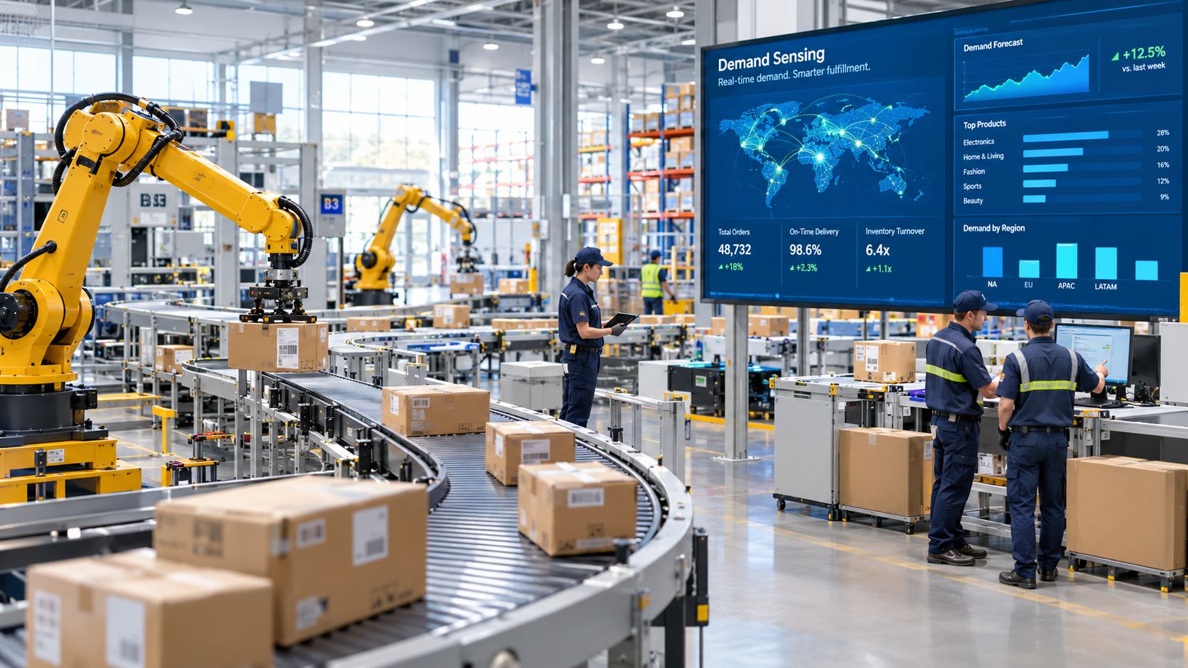 Des employés travaillant dans un entrepôt automatisé avec des bras robotiques déplaçant des colis sur un tapis roulant.