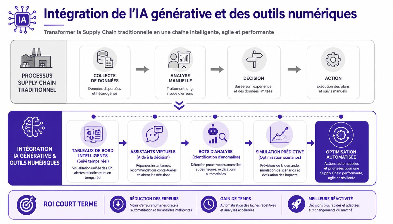 Infographie montrant la transition d'une supply chain traditionnelle vers une gestion intelligente assistée par IA générative.