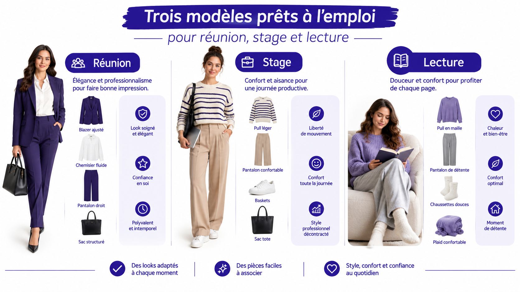 Trois modèles de tenues pour femme adaptés pour le travail, le stage et les moments de lecture.