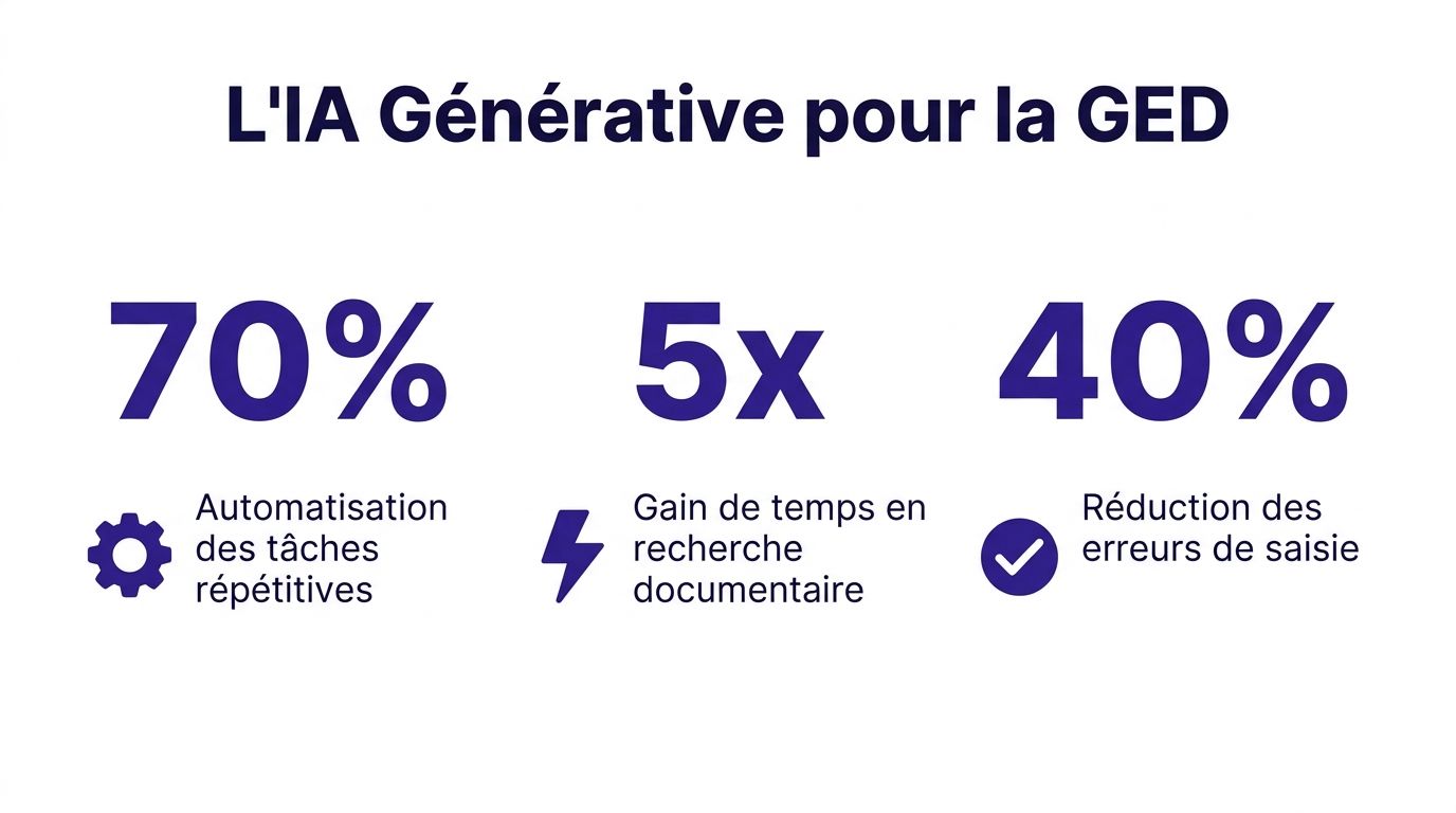 Graphique illustrant les bénéfices de l'IA générative pour la GED avec des gains en temps et précision.