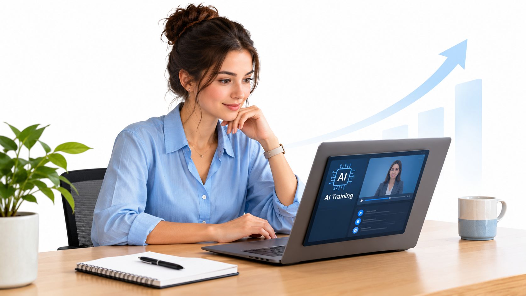 Une femme professionnelle suivant une formation en ligne sur l'intelligence artificielle devant son ordinateur portable au bureau.