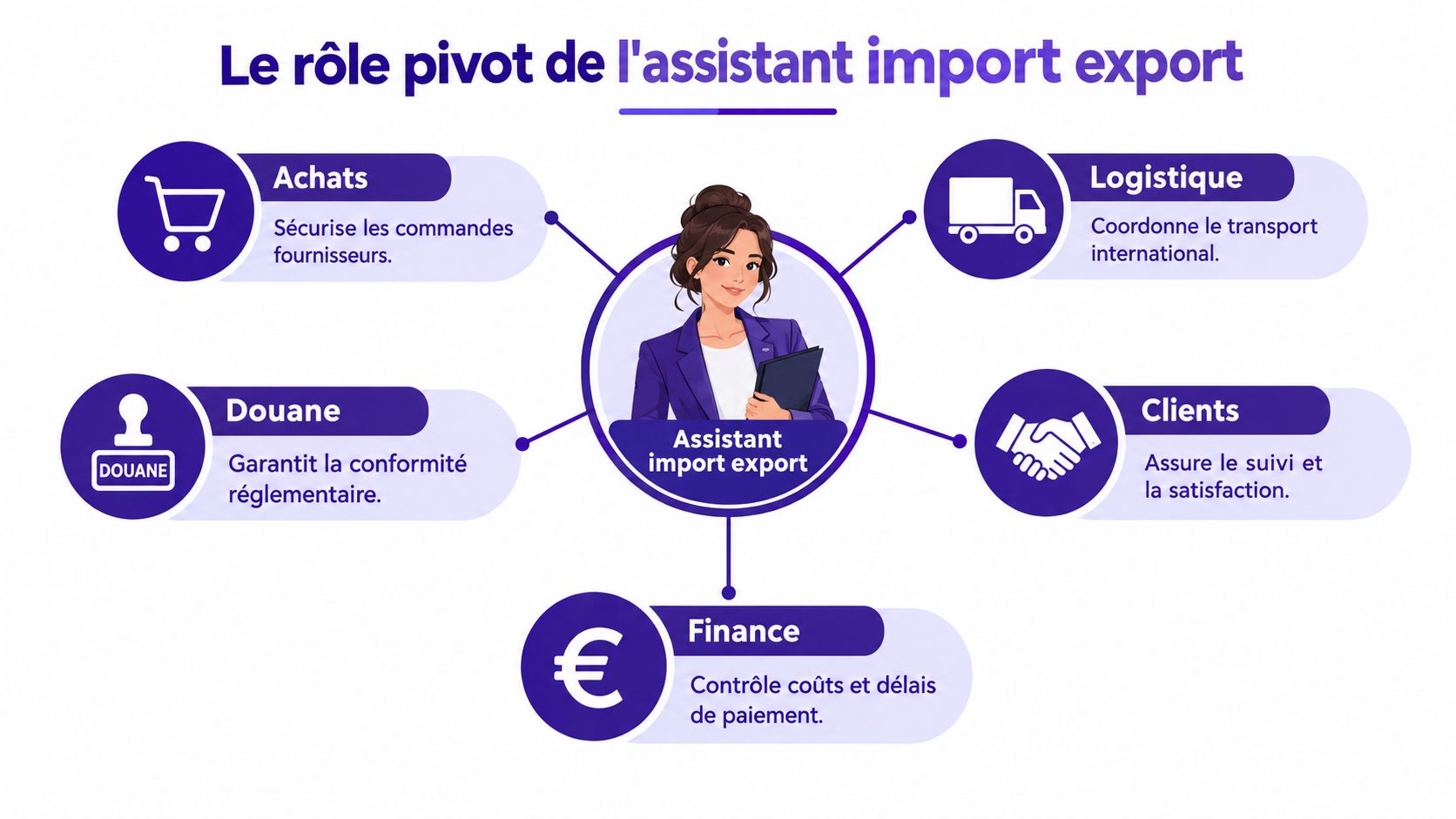 Une infographie montrant les responsabilités clés d'un assistant import-export dans divers domaines logistiques et administratifs.