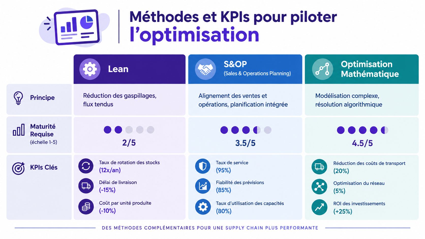 Tableau comparatif des méthodes de gestion et KPIs pour l'optimisation de la supply chain en entreprise.