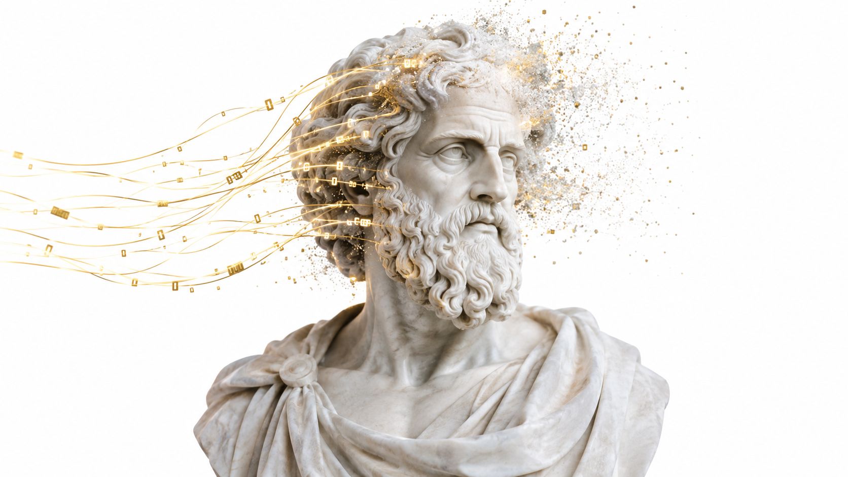 Buste en marbre de style grec classique fusionnant avec des éléments numériques dorés et des données abstraites.