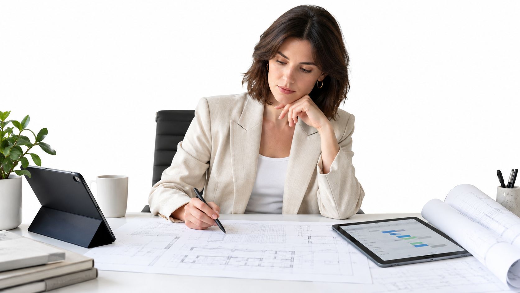 Une architecte professionnelle travaille sur des plans de construction à son bureau avec une tablette numérique