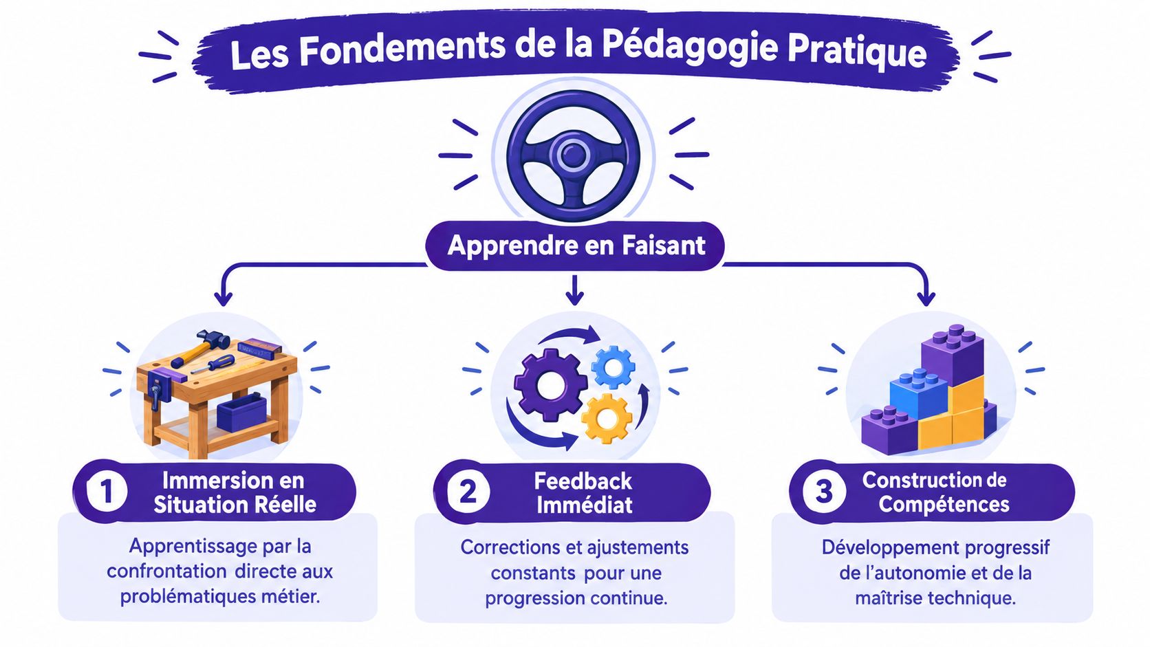 Schéma illustrant les trois fondements de la pédagogie pratique : immersion, feedback immédiat et construction de compétences.
