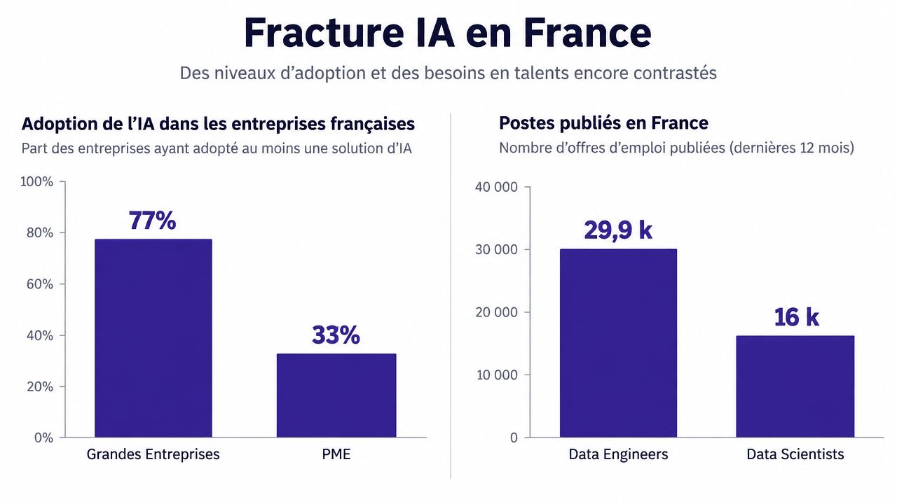 Graphique montrant l'écart d'adoption de l'IA en France entre grandes entreprises et PME et le recrutement.
