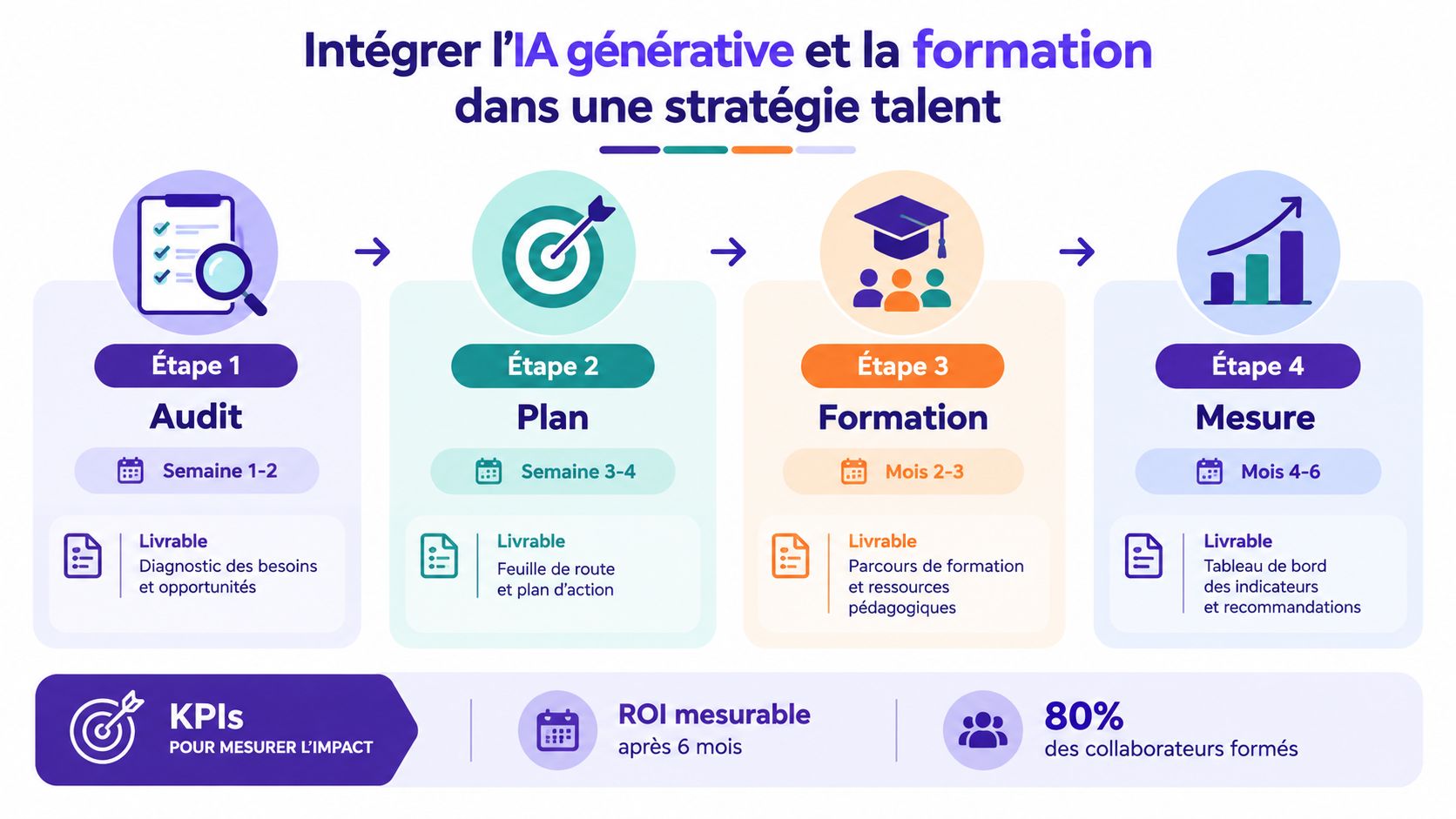 Schéma en quatre étapes illustrant l'intégration de l'IA générative dans une stratégie de gestion des talents.