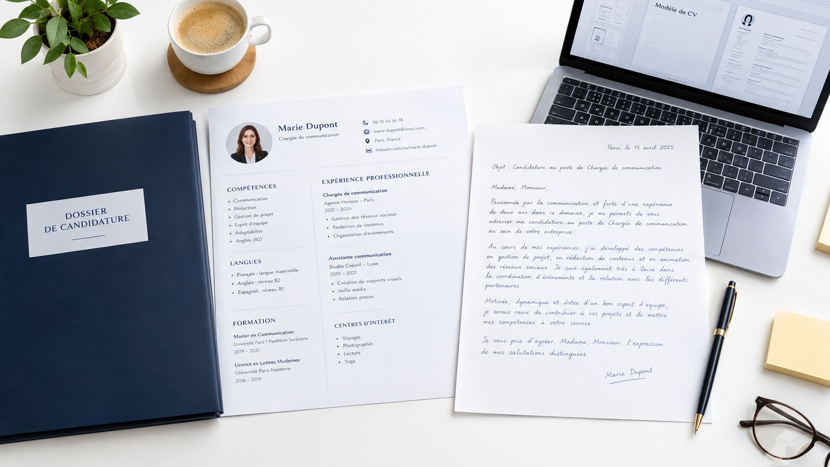 Un bureau organisé avec un dossier de candidature, un CV, une lettre de motivation et un ordinateur portable.
