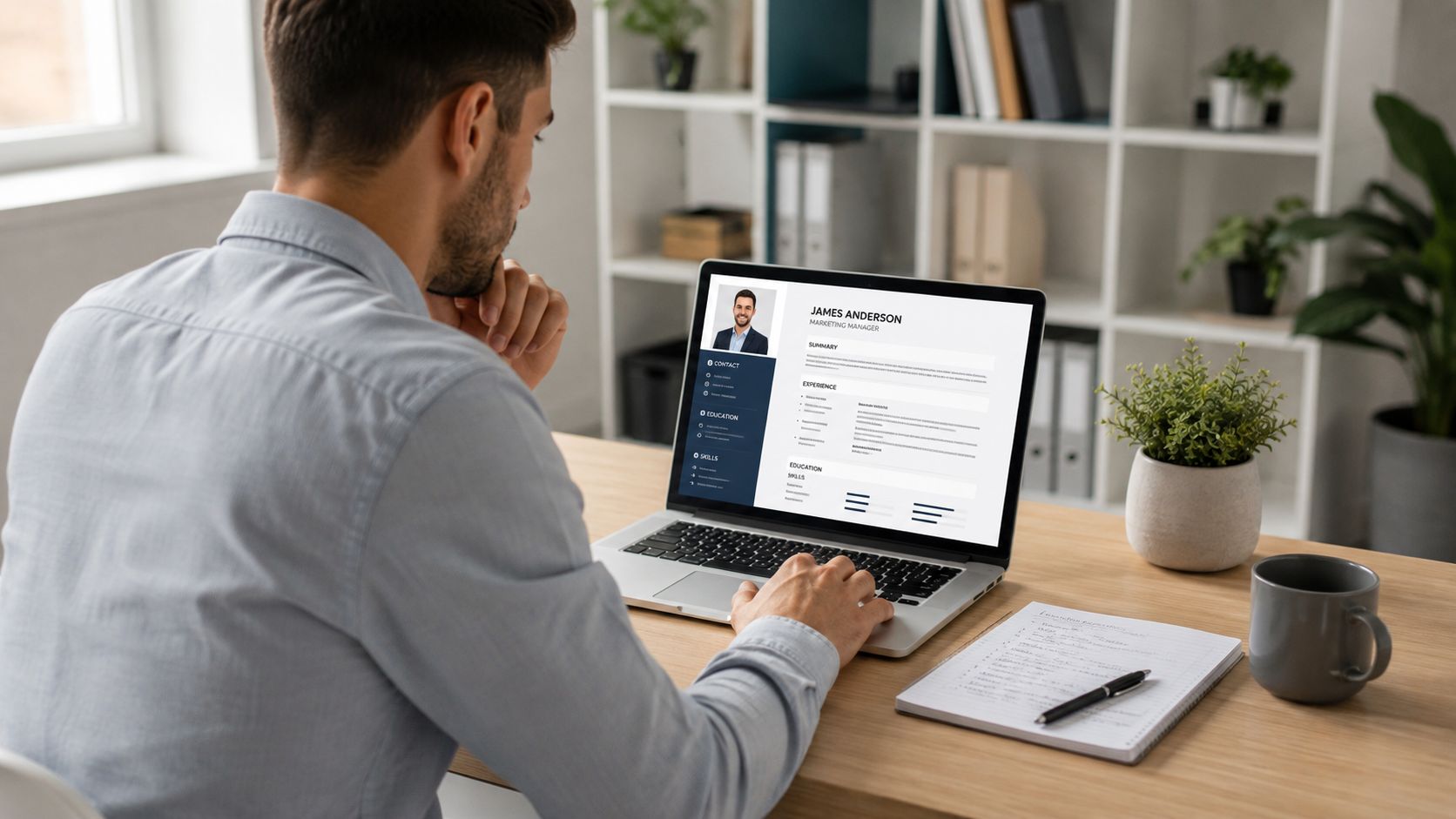 Un homme travaillant sur un ordinateur portable affichant un curriculum vitae moderne à son bureau personnel