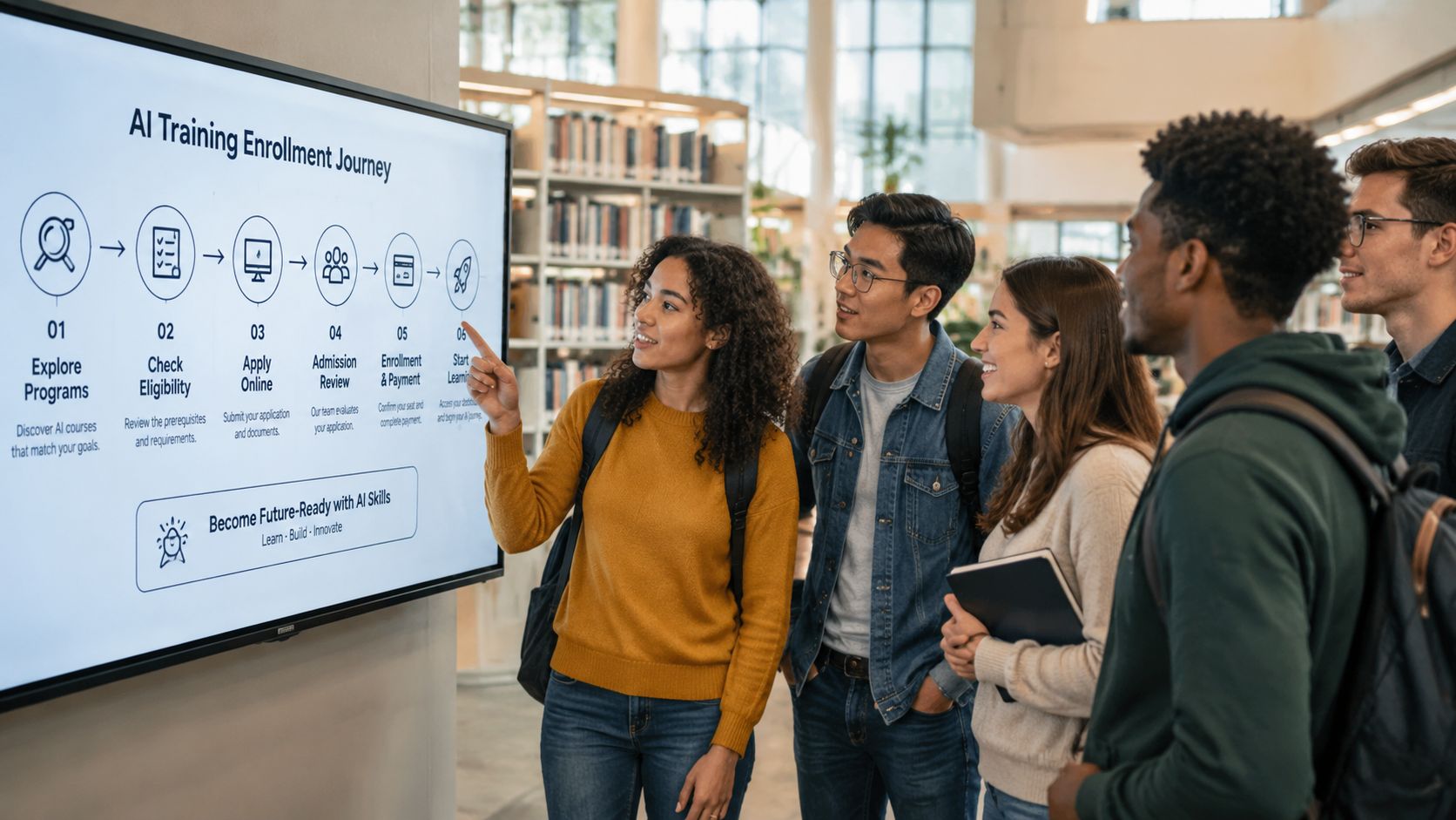 Un groupe d'étudiants multiculturels regarde un écran affichant les étapes d'inscription à une formation en intelligence artificielle.