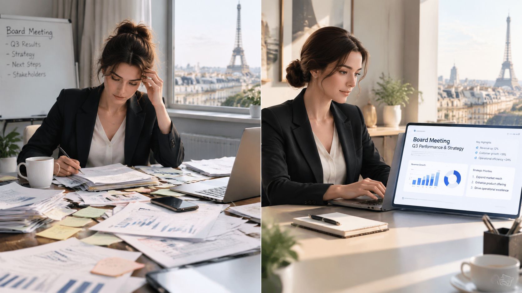 Une femme d'affaires travaillant dans son bureau avec une vue sur la Tour Eiffel à Paris.
