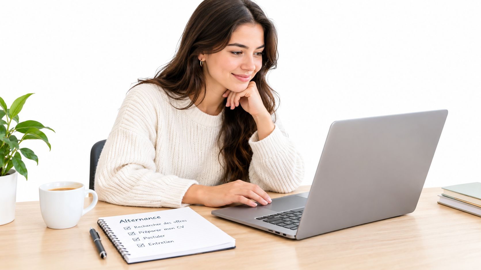 Une jeune femme souriante consulte un ordinateur portable pour organiser sa recherche d'alternance avec une liste de tâches.