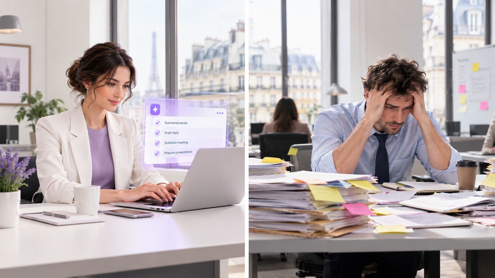 Une comparaison entre une femme utilisant l'intelligence artificielle pour travailler et un homme surchargé de documents.