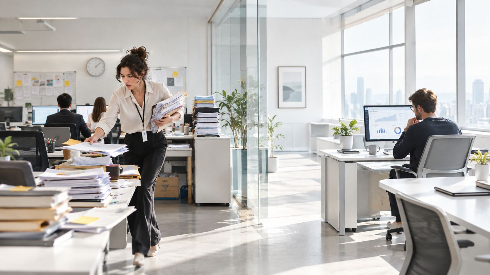 Une femme d'affaires occupée portant des documents dans un bureau moderne avec des collègues travaillant