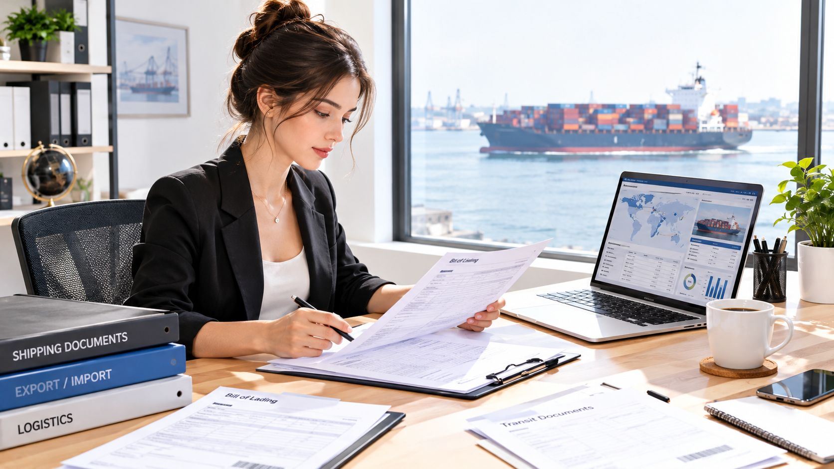 Une assistante import-export travaillant avec des documents d'expédition dans un bureau moderne avec vue sur la mer.
