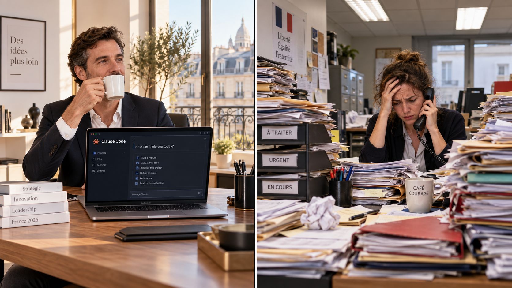 Une comparaison entre un homme utilisant un outil informatique moderne et une femme submergée par le travail administratif.
