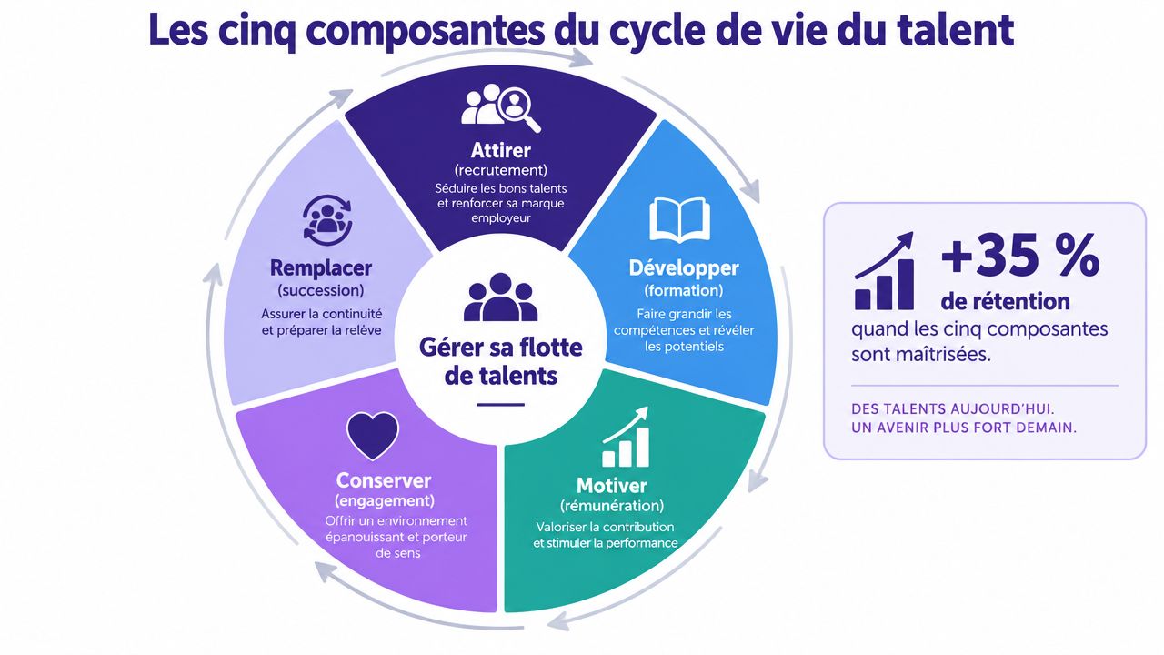 Schéma circulaire présentant les cinq étapes clés du cycle de vie et de la gestion des talents en entreprise.