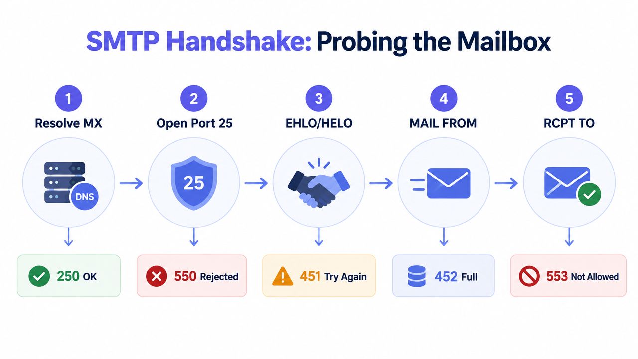 A diagram illustrating the five-step SMTP handshake process for probing and validating an email address mailbox.