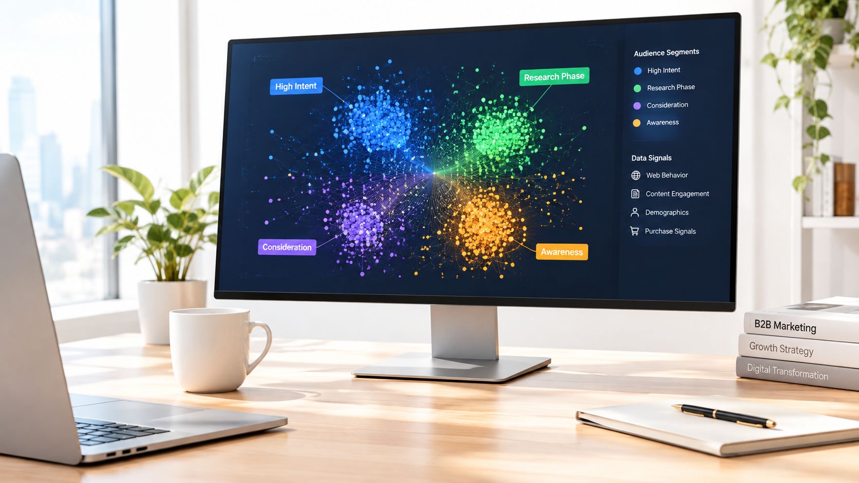 A desktop monitor displaying a data visualization showing audience segments based on intent, research, consideration, and awareness phases.