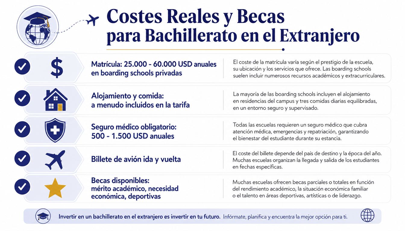 Infografía sobre los costes reales y las becas disponibles para cursar estudios de bachillerato en el extranjero.