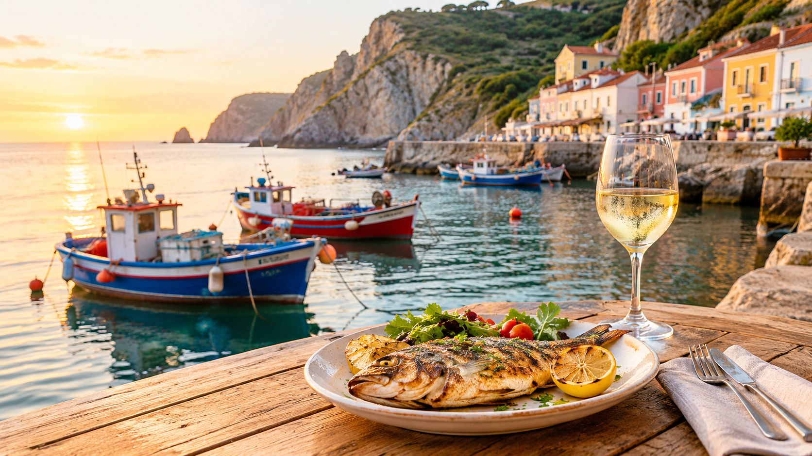 A delicious grilled fish meal served on a wooden table overlooking a Mediterranean harbor with fishing boats.