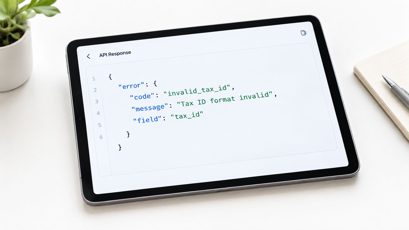 A digital tablet displaying an API error response JSON code block on a clean white desk.