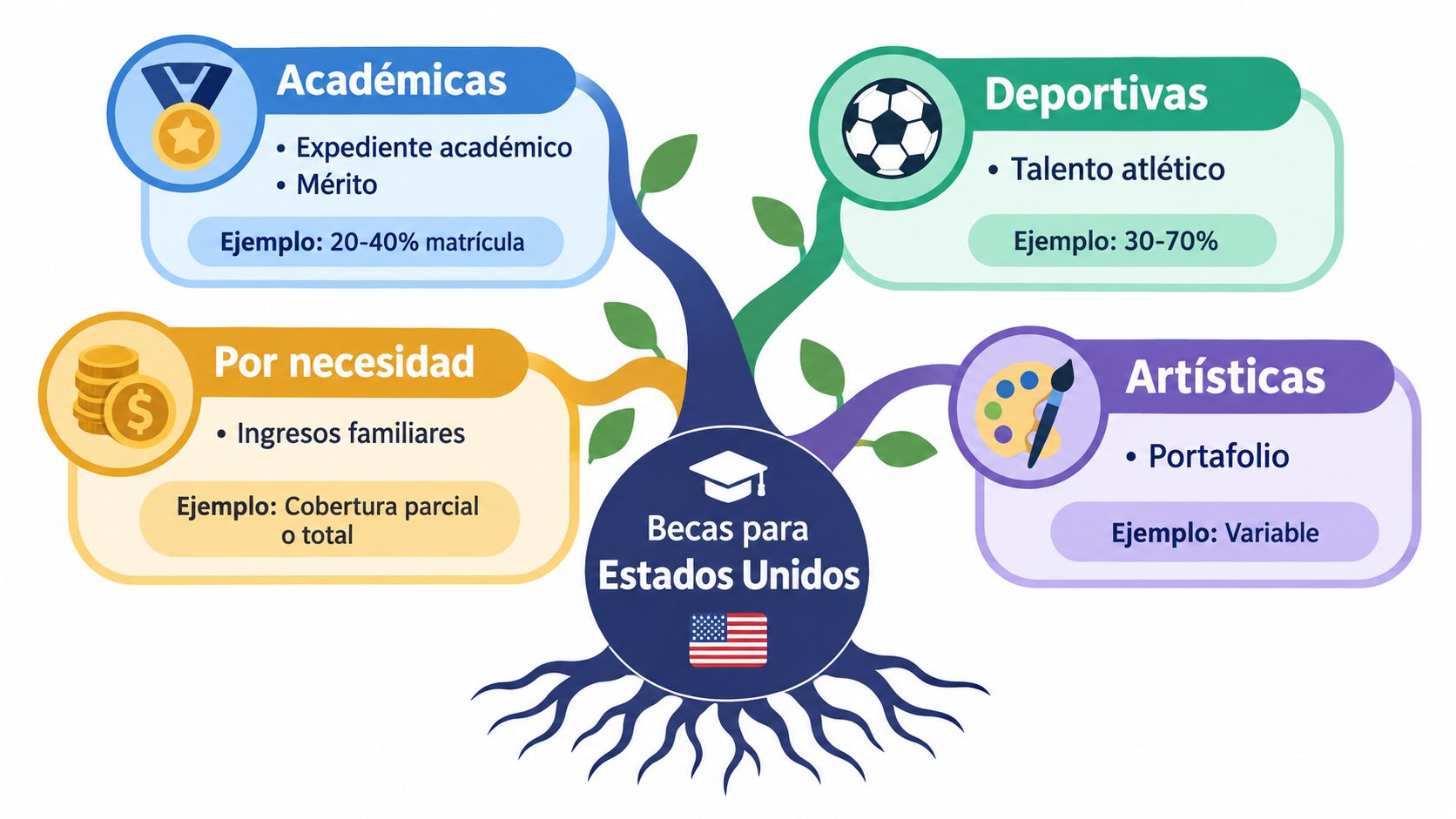 Diagrama de árbol ilustrando los distintos tipos de becas disponibles para estudiar en Estados Unidos.