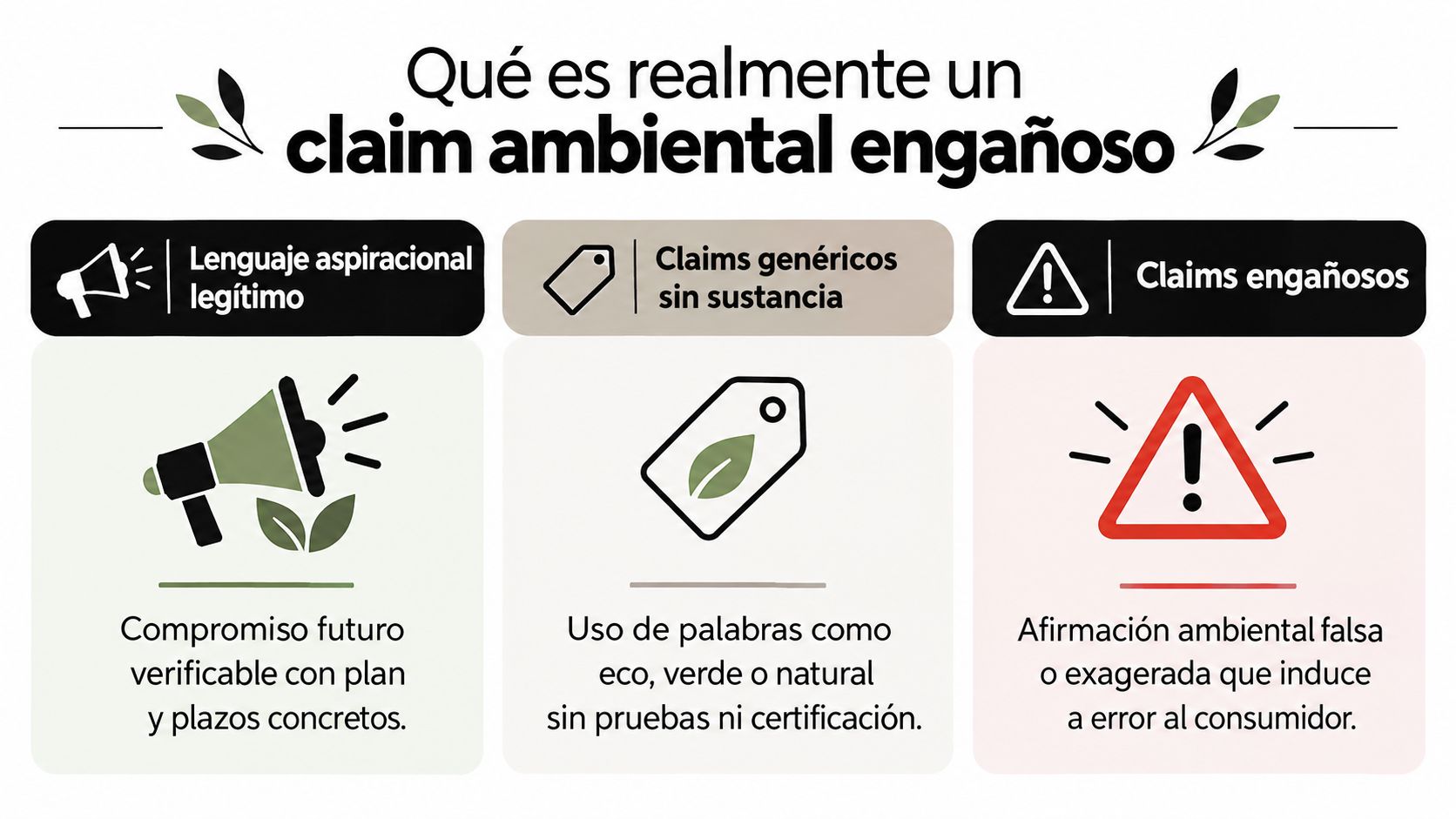 Infografía que explica la diferencia entre lenguaje aspiracional, claims genéricos sin sustancia y claims ambientales engañosos.