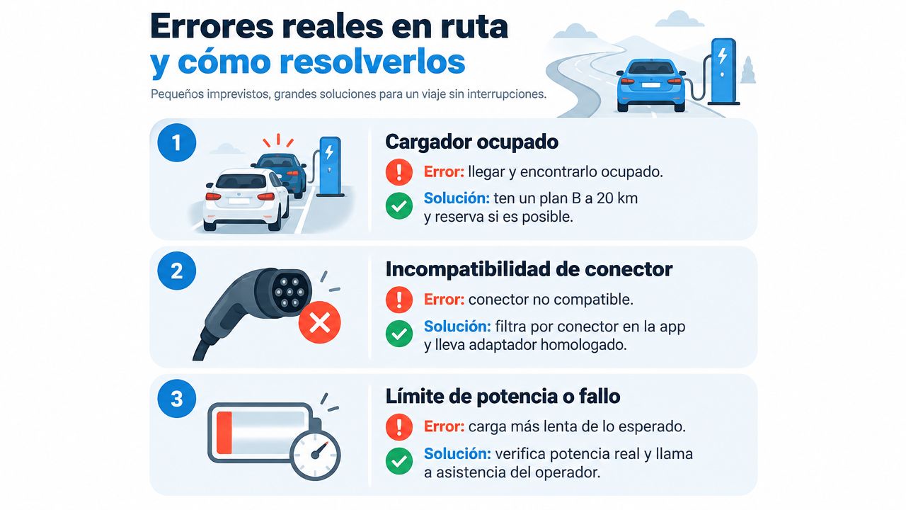 Infografía sobre problemas comunes al viajar en coche eléctrico y cómo resolverlos durante la ruta.