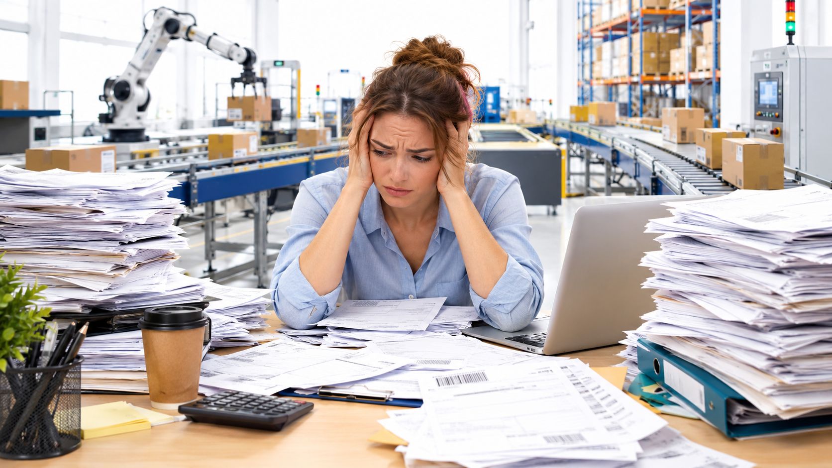 A stressed woman working at her desk in a warehouse surrounded by piles of paperwork and documents.