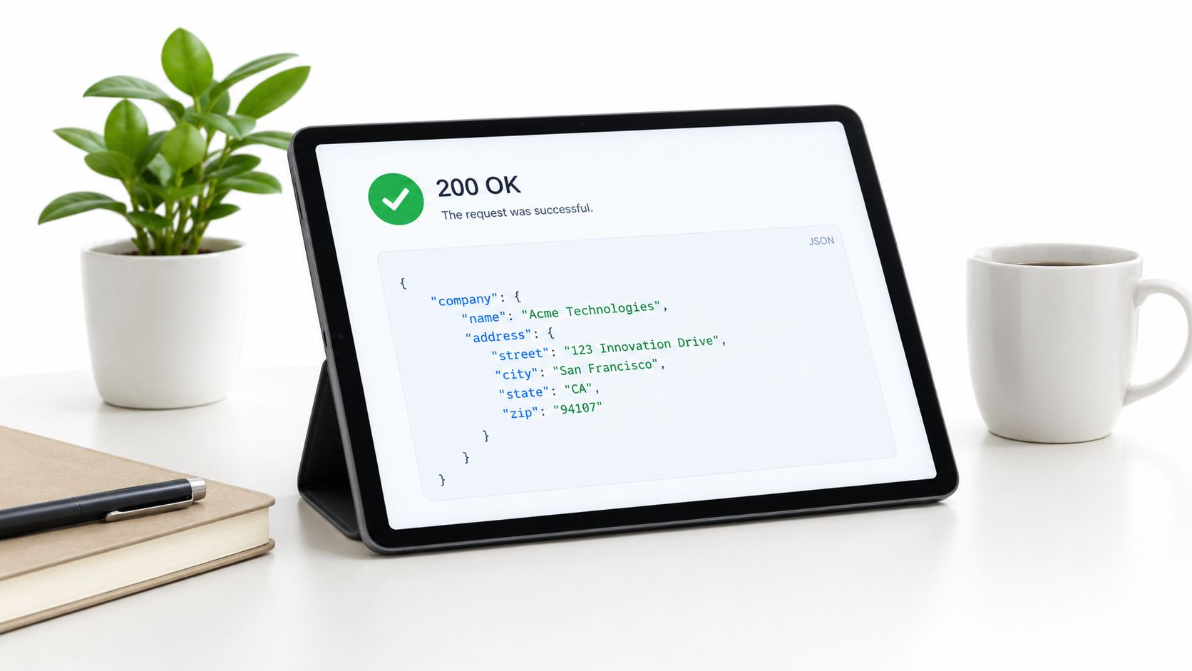 A digital tablet displaying a successful 200 OK HTTP API response code on a clean desk workspace.