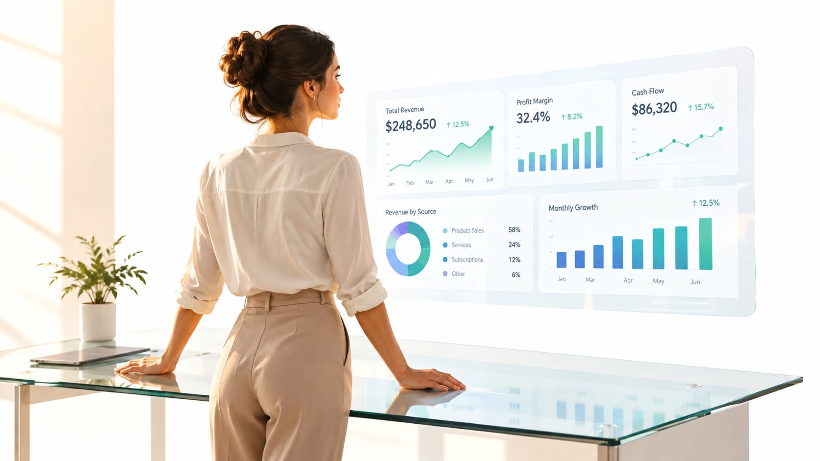 Una ejecutiva de negocios observa un tablero digital interactivo con gráficos de rendimiento financiero y métricas empresariales.