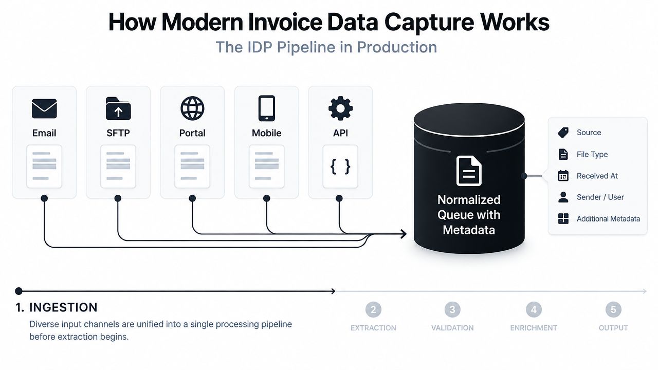 A diagram illustrating the IDP pipeline showing how modern invoice data capture works from ingestion to output.