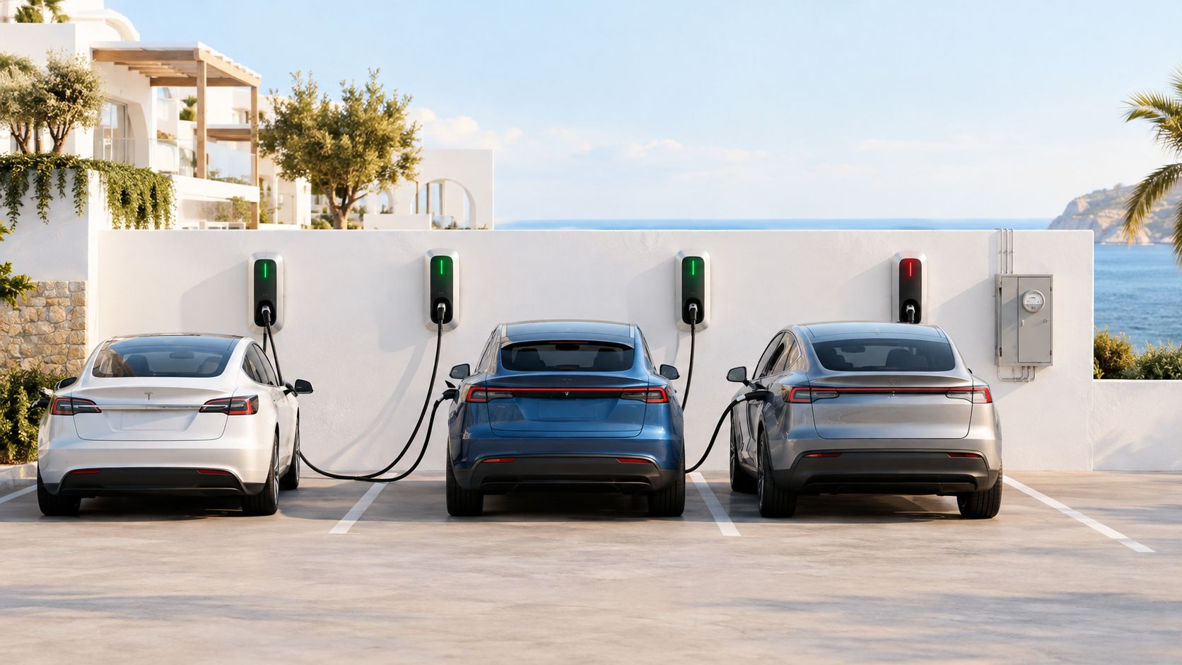 Tres coches eléctricos Tesla estacionados y conectados a cargadores montados en una pared blanca frente al mar.