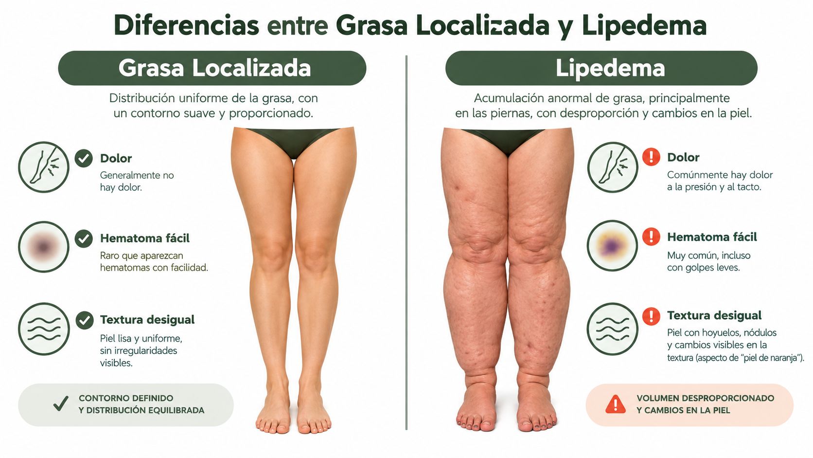 Comparativa visual que muestra las diferencias principales entre la grasa localizada y el lipedema en las piernas.