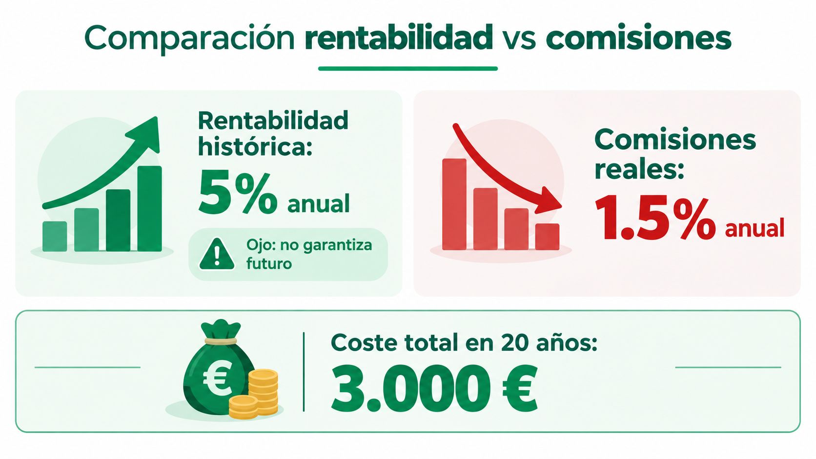 Gráfico comparando una rentabilidad anual del 5% frente a unas comisiones del 1,5% en veinte años.