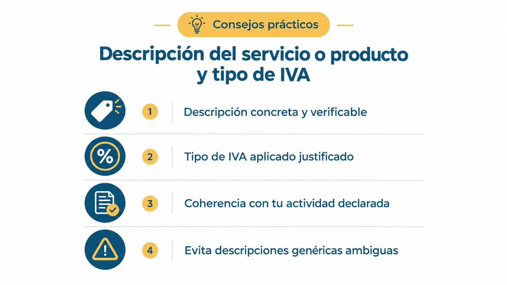 Infografía sobre consejos prácticos para la descripción correcta de servicios o productos y su tipo de IVA.