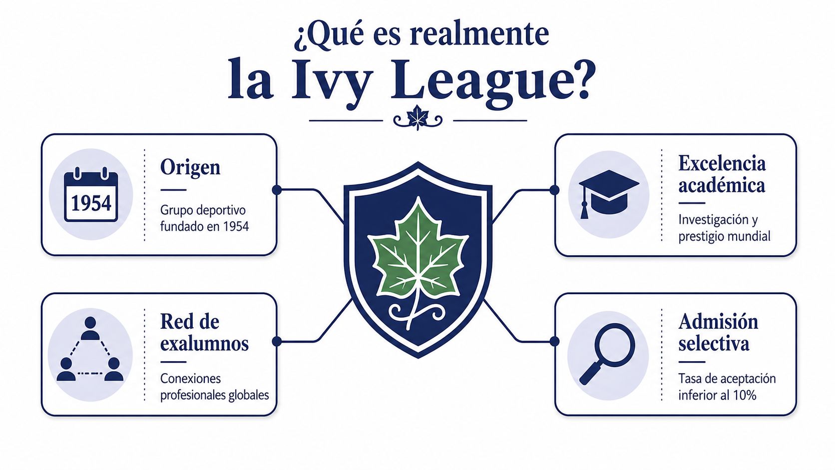 Infografía sobre la Ivy League destacando su origen, excelencia académica, red de exalumnos y admisión selectiva.