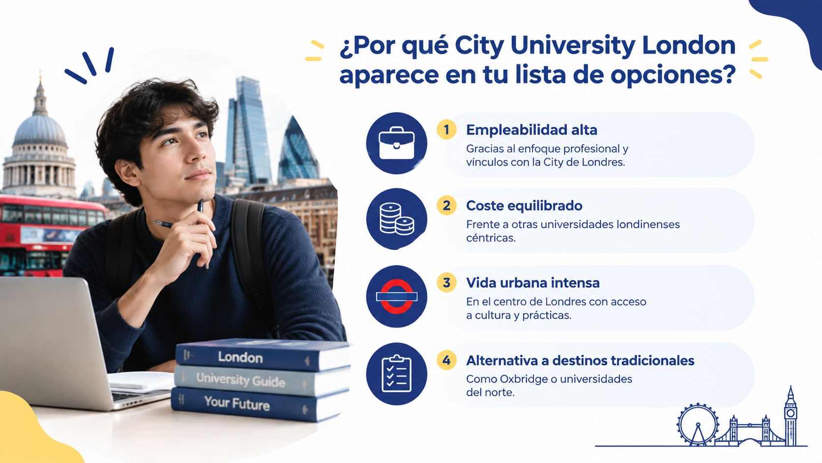 Estudiante joven sentado ante un portátil junto a libros, analizando las ventajas de estudiar en City University London.