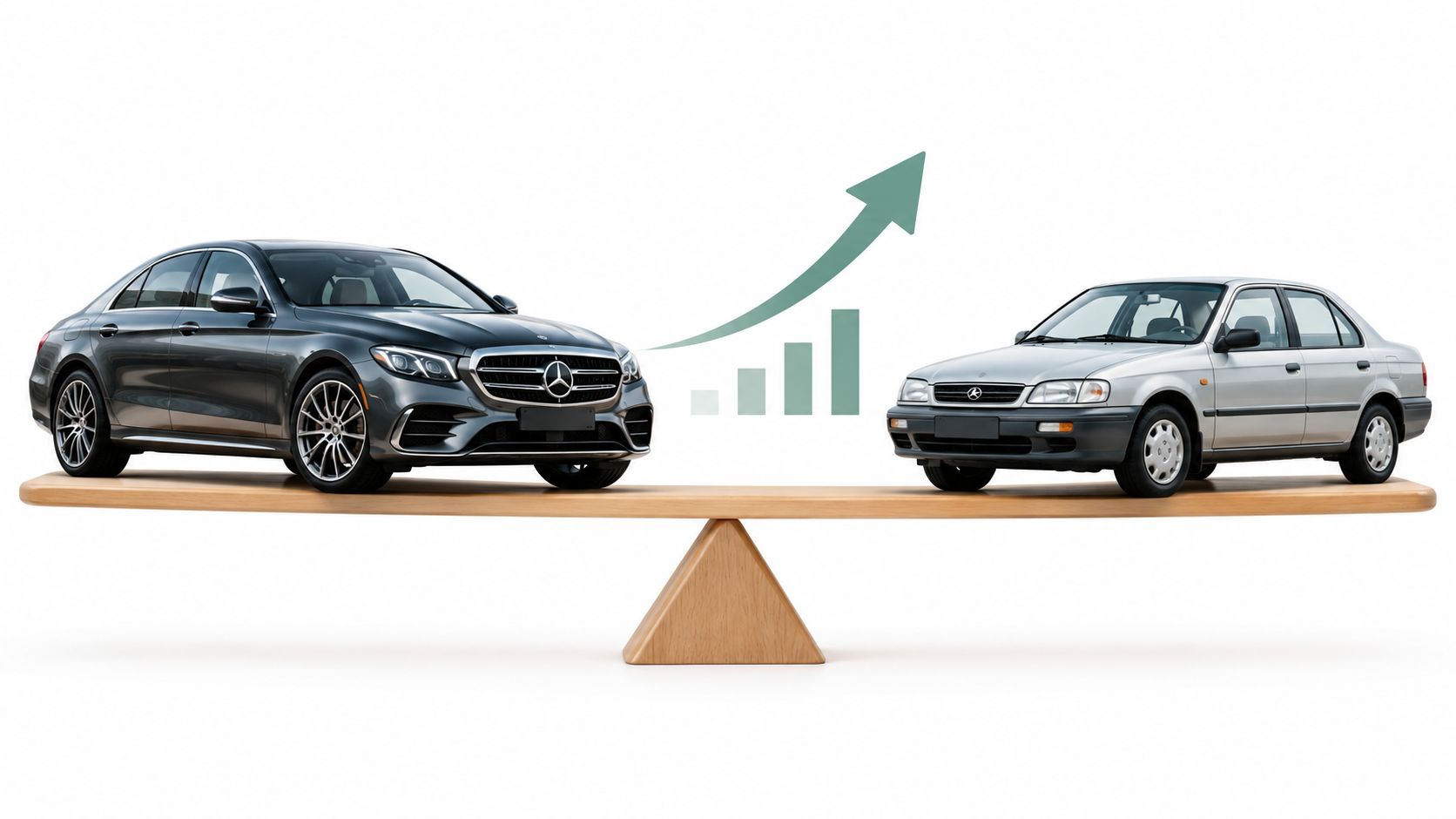 Una balanza equilibrando un coche moderno y uno antiguo con un gráfico de crecimiento financiero detrás.