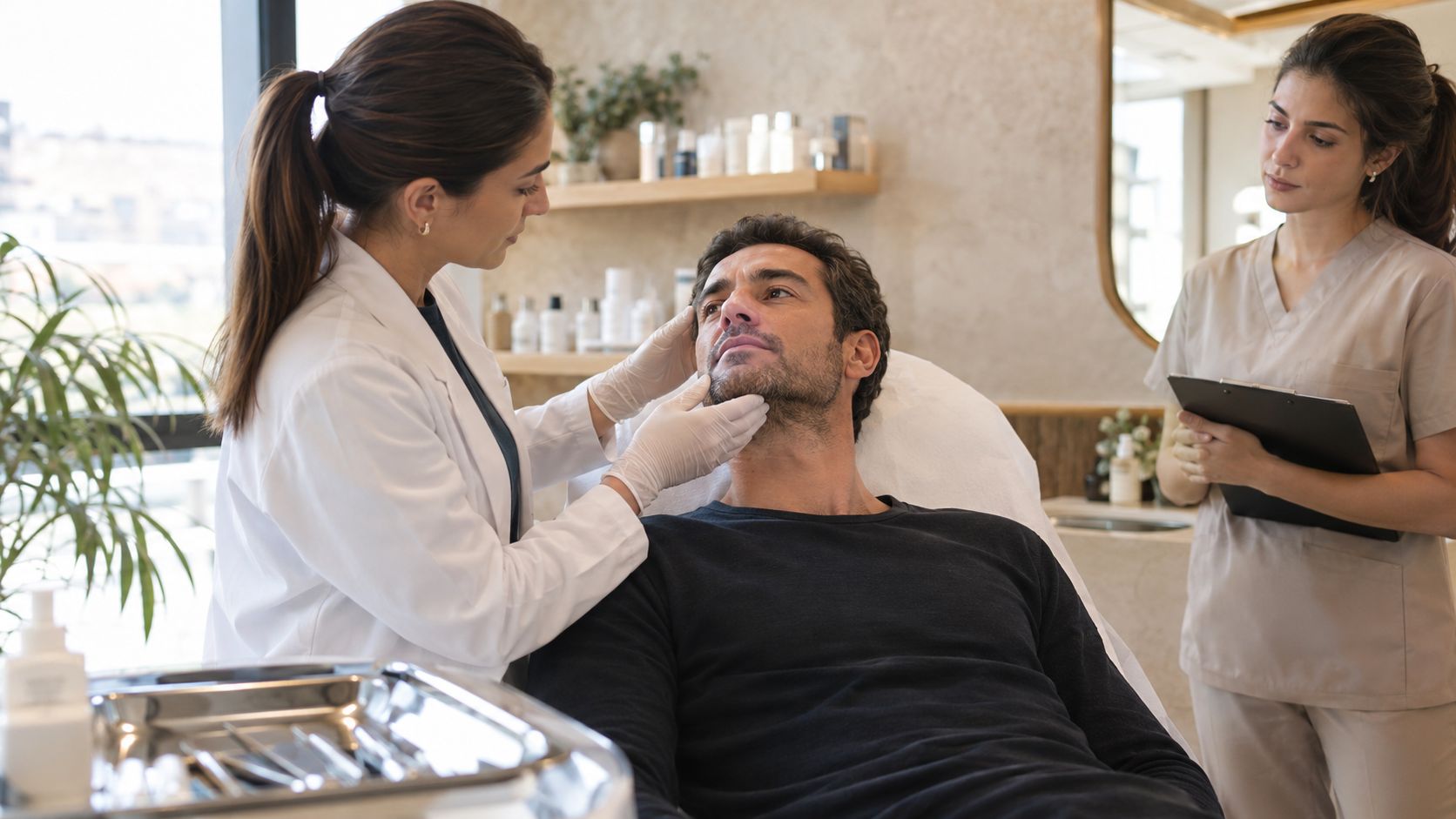 Una doctora examina el rostro de un paciente masculino en una clínica de medicina estética profesional