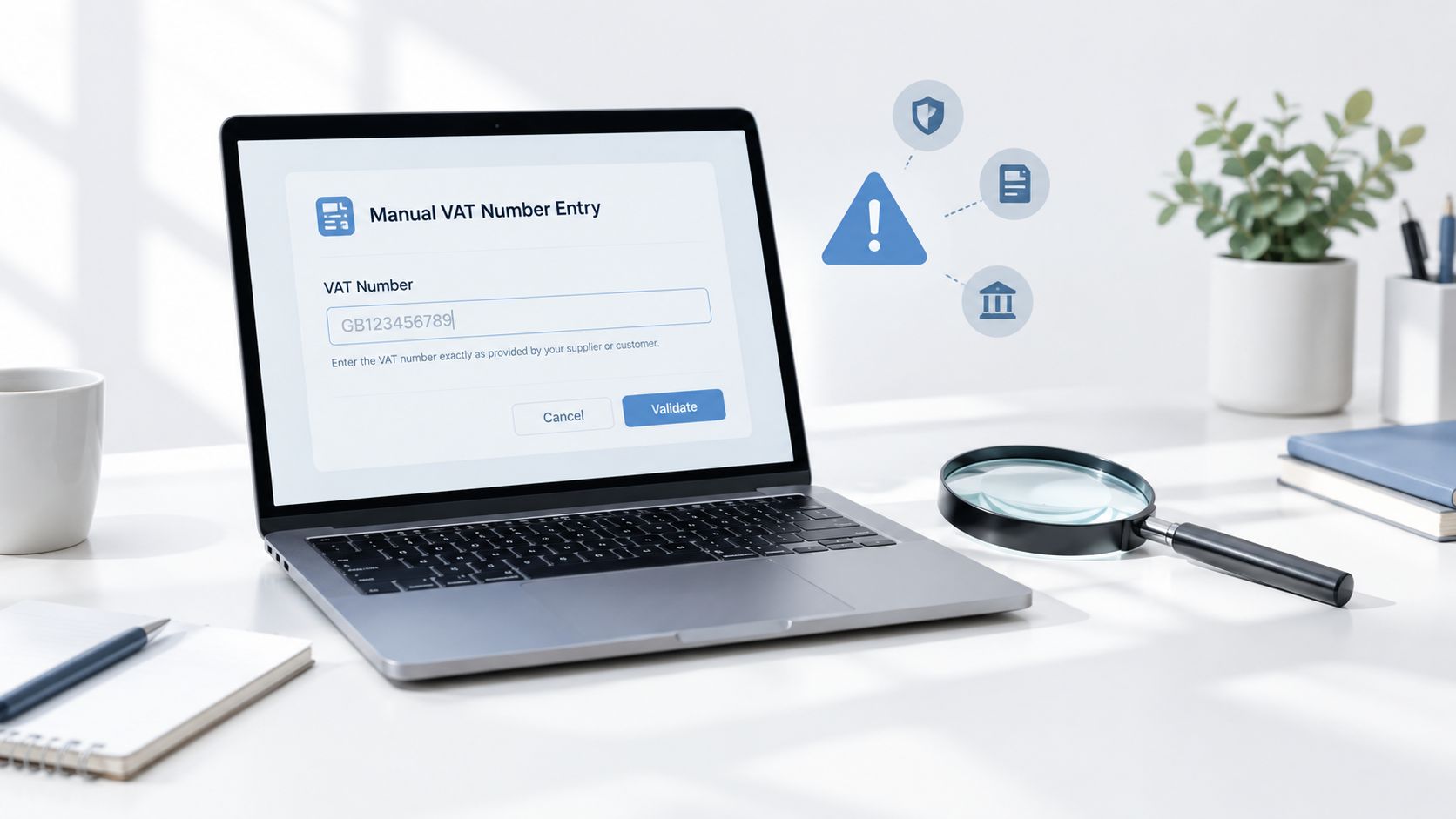 A laptop on a white desk displaying a manual VAT number entry form for online validation.