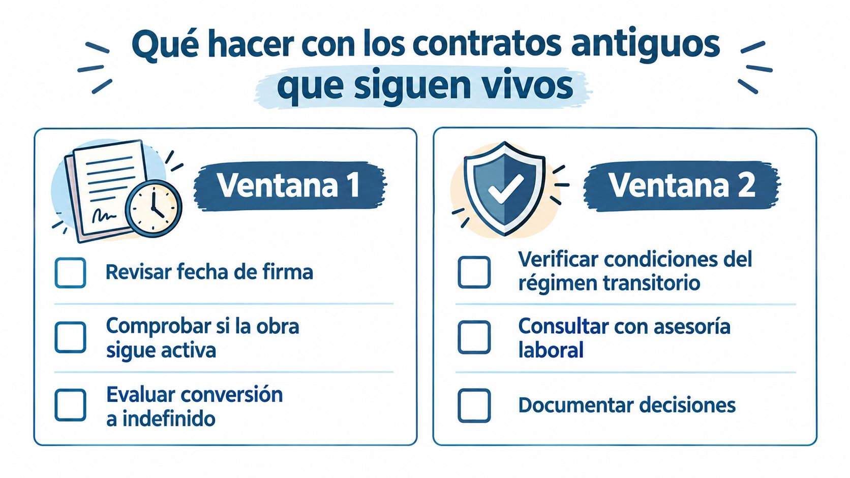Infografía sobre cómo gestionar legalmente contratos de obra y servicio antiguos que aún están vigentes.