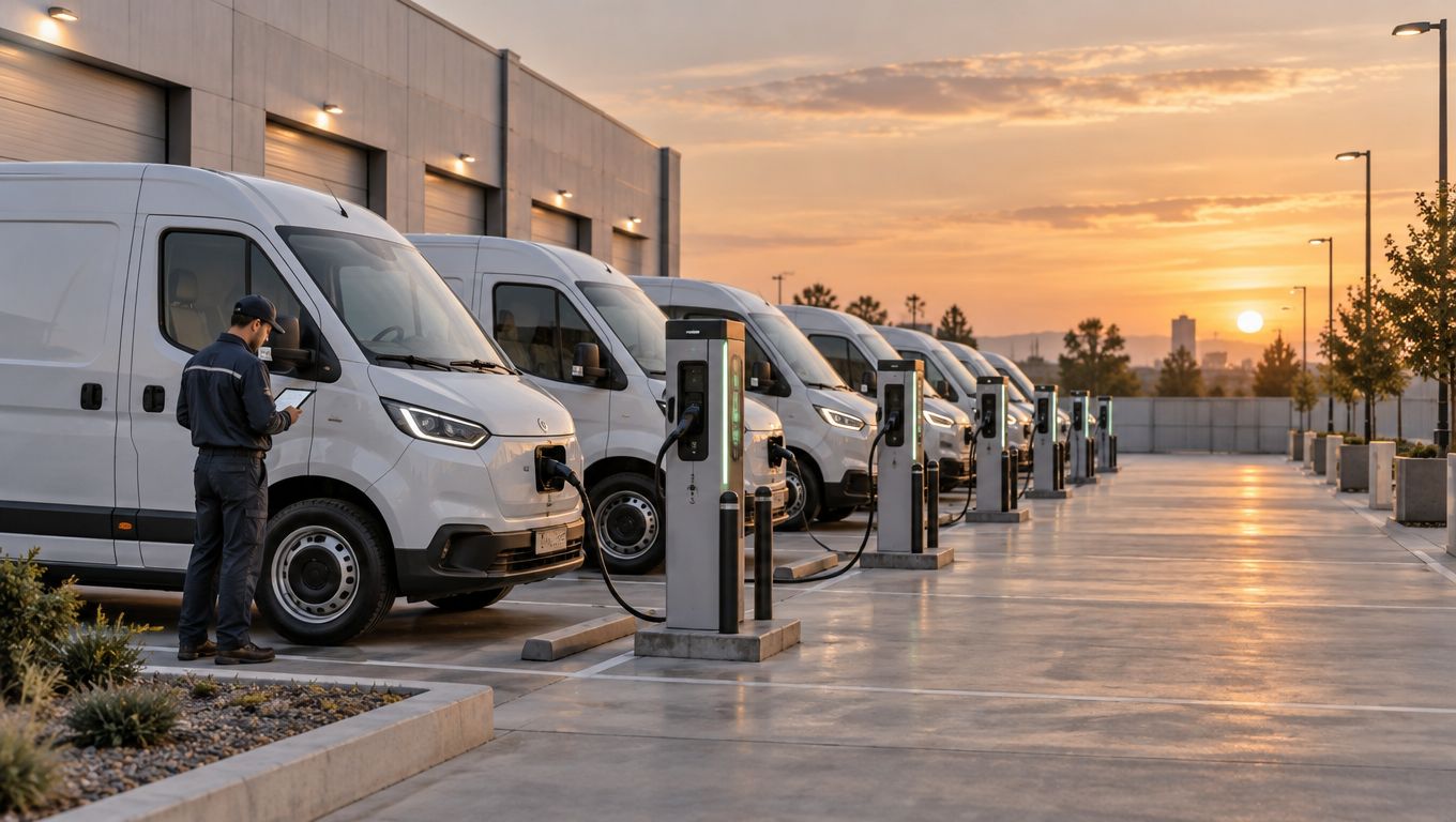 Un trabajador revisa una tableta junto a varias camionetas eléctricas cargándose en una estación al atardecer.