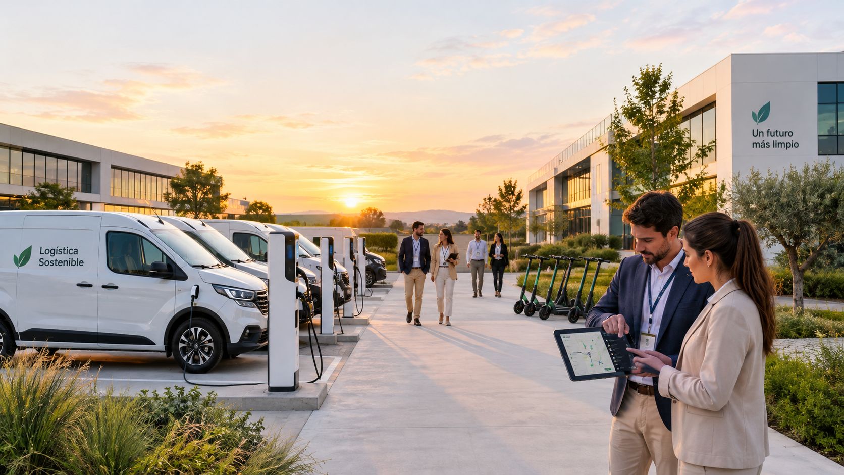Profesionales de empresa revisando datos de movilidad sostenible junto a vehículos eléctricos y patinetes al atardecer.