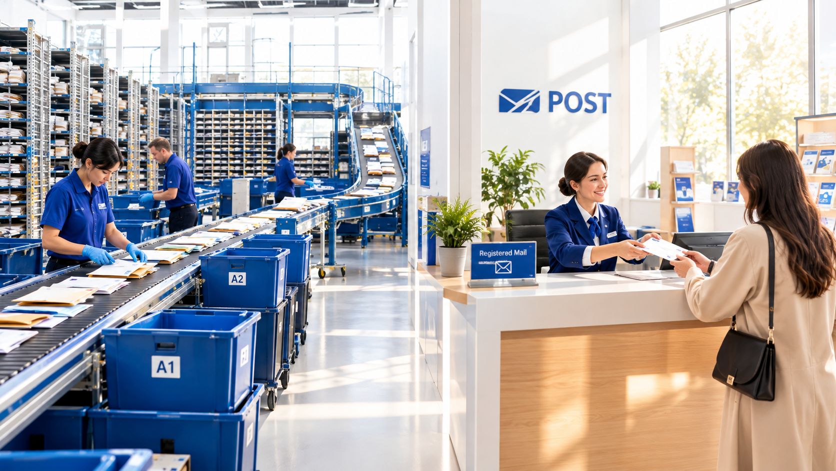 A professional post office worker serving a customer while other employees sort mail on a conveyor belt.