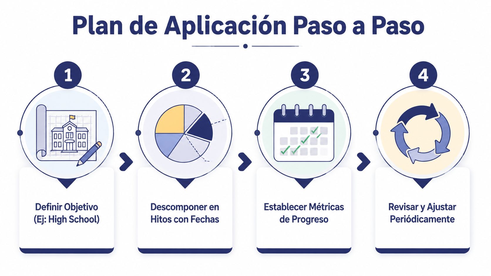 Un infográfico de cuatro pasos que muestra un plan de aplicación estructurado para lograr metas académicas.