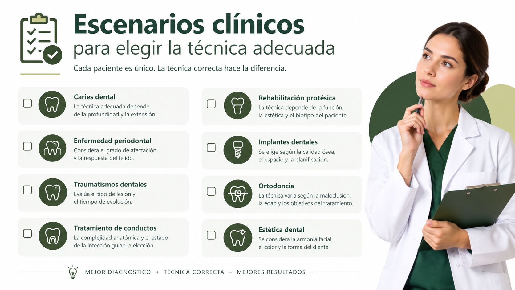 Dentista sosteniendo una carpeta mientras reflexiona sobre diversas técnicas de tratamiento clínico en odontología.