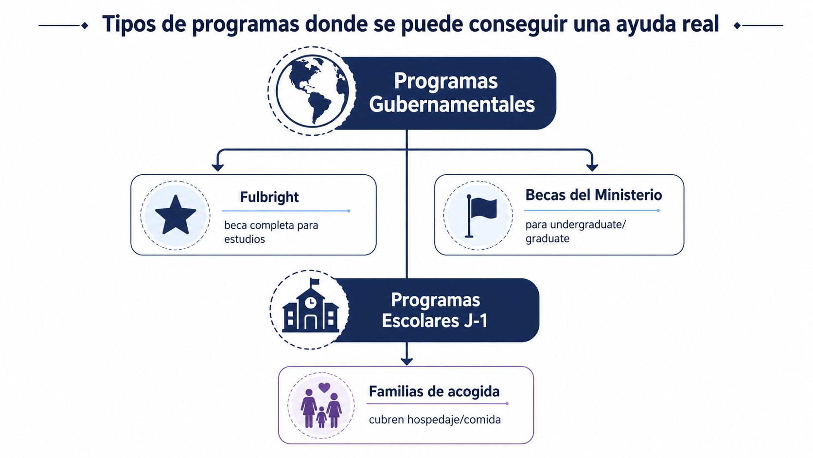 Diagrama de tipos de programas gubernamentales y escolares para obtener ayuda en intercambios a Estados Unidos.